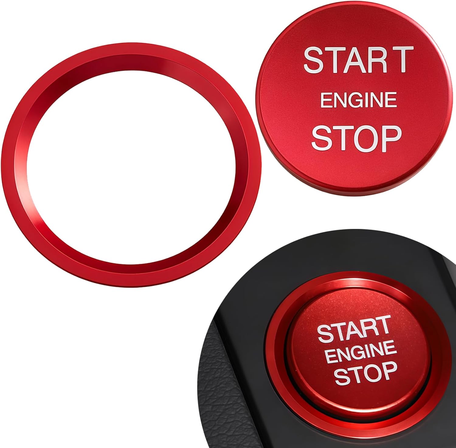 Push Start Button Cover, Car Engine Start Stop Push Botton Cover with Metal Ring, Car Interior Switch Button Decoration Accessories Compatible with Audi A6 A4 A7 Q5L Q7 (Red)