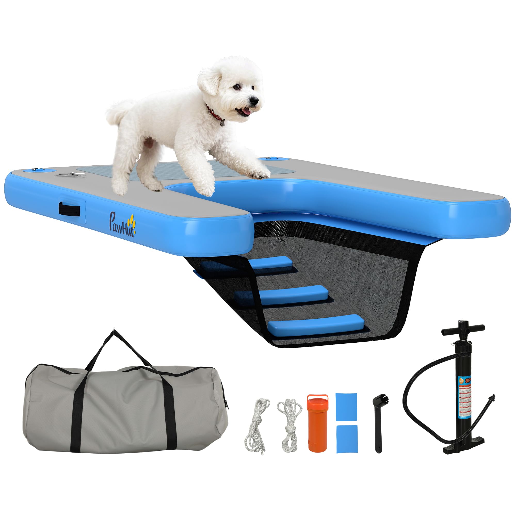PawHut Rampe Gonflable de Radeau pour Chien antidérapante Bleu et Gris | Plate-forme flottante de sports nautiques, échelle flottante pour piscine, lac, bateau