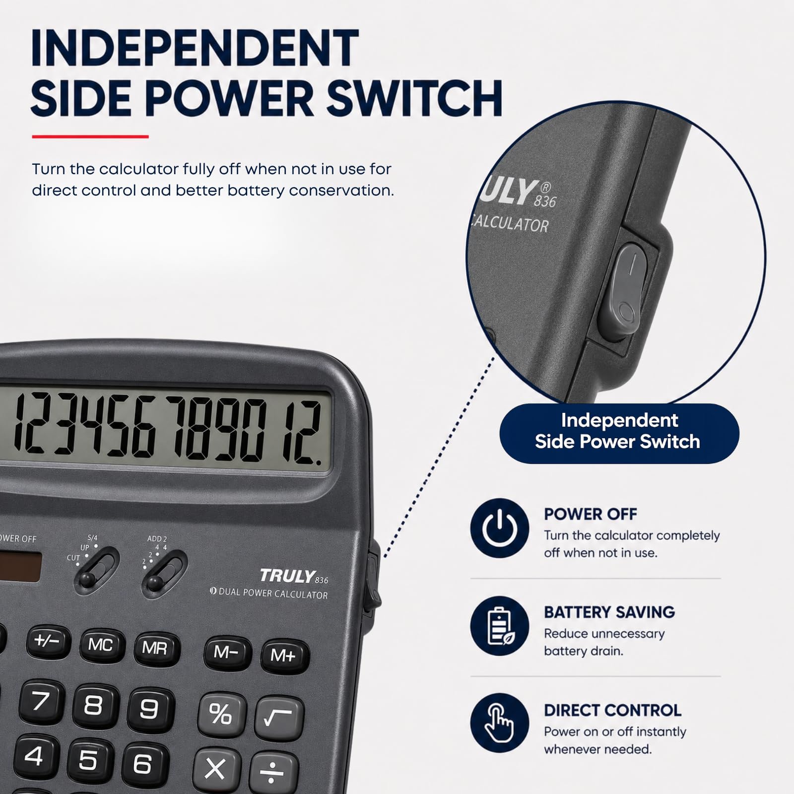 TRULY Calculadora de escritorio de 12 dígitos con pantalla extragrande de 5.3 pulgadas, interruptor de alimentación lateral, teclas GT y MU, alimentación dual, pantalla en ángulo de 30° para oficina y