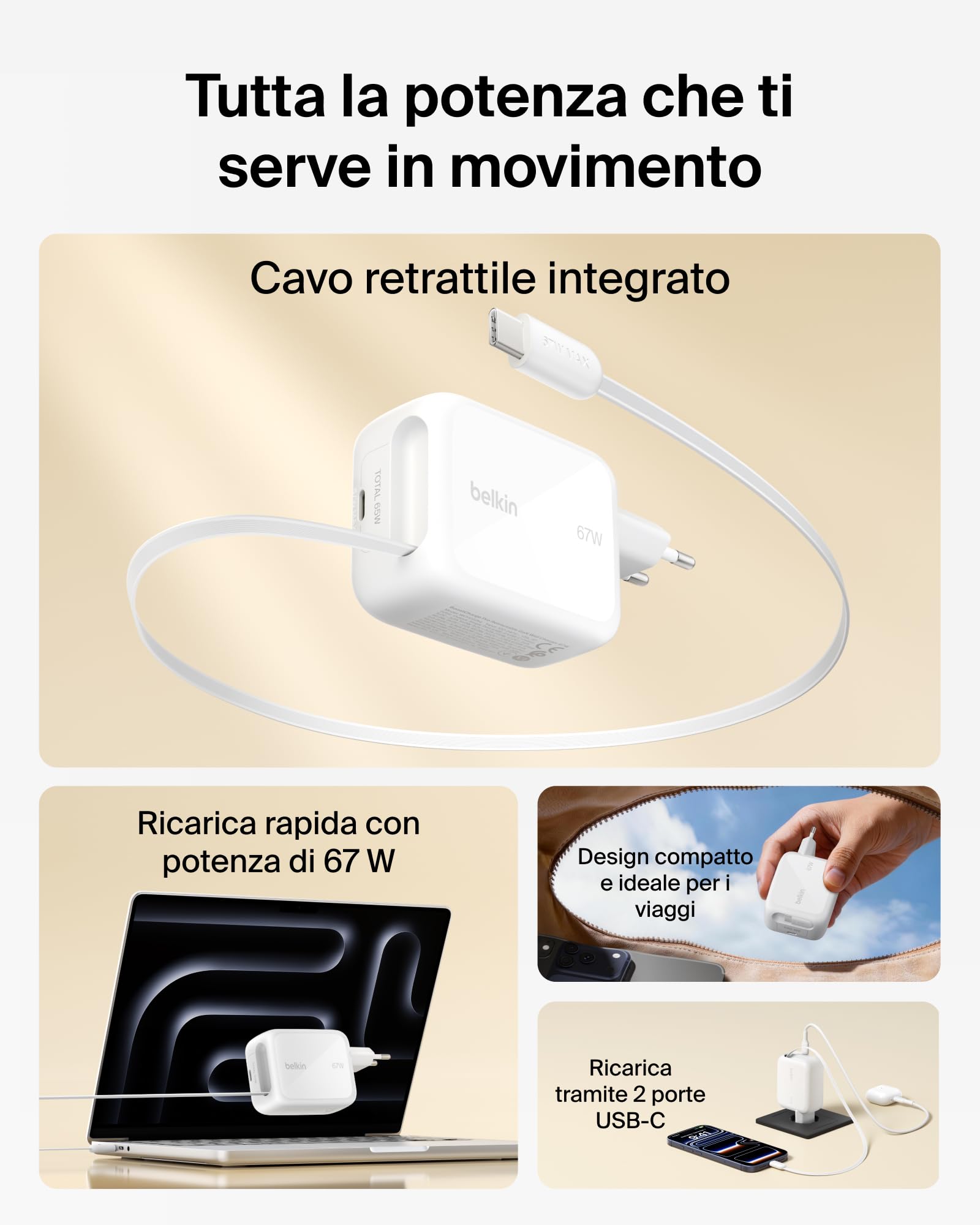 Belkin Caricabatterie USBC GaN 67W con Cavo USB-C Retrattile 1m e Porta USB C, Caricatore per iPhone, Ricarica Rapida per iPhone 17, 16 Series, Galaxy S26 Series, AirPods, Tablet, MacBook e Chromebook