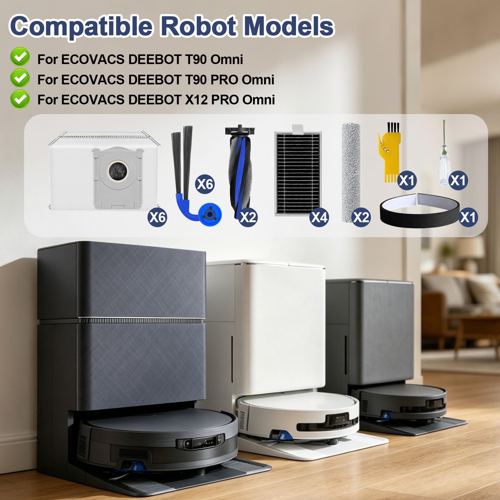 Zubehör für ECOVACS DEEBOT T90 Omni/T90 PRO Omni/X12 PRO Omni Roboterstaubsauger Ersatzteile 23er-Pack 2 Hauptbürste, 4 Filter, 6 Seitenbürsten, 2 Walzenmopps, 6 Beutel, 1 Stoßleiste