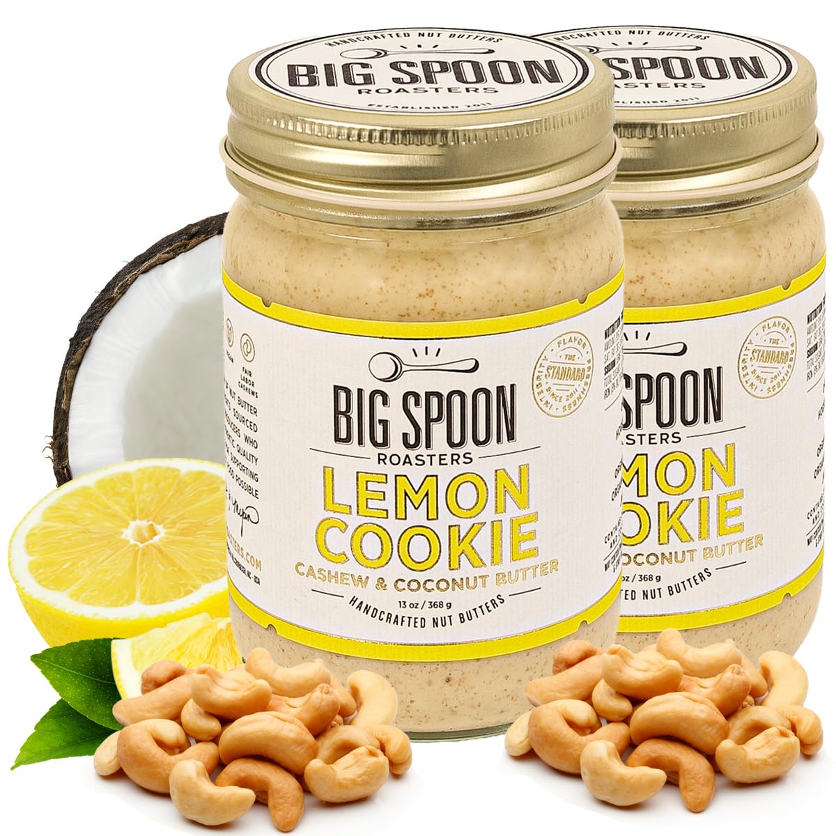 Big Spoon Roasters Lemon Cookie Butter with Sea Salt - Keto Friendly, Fair Trade Cashews - Low Sugar & Palm Oil Free - Natural Ingredients - Vegan Gourmet Nut Butter Spread - 2 x 13 Ounces