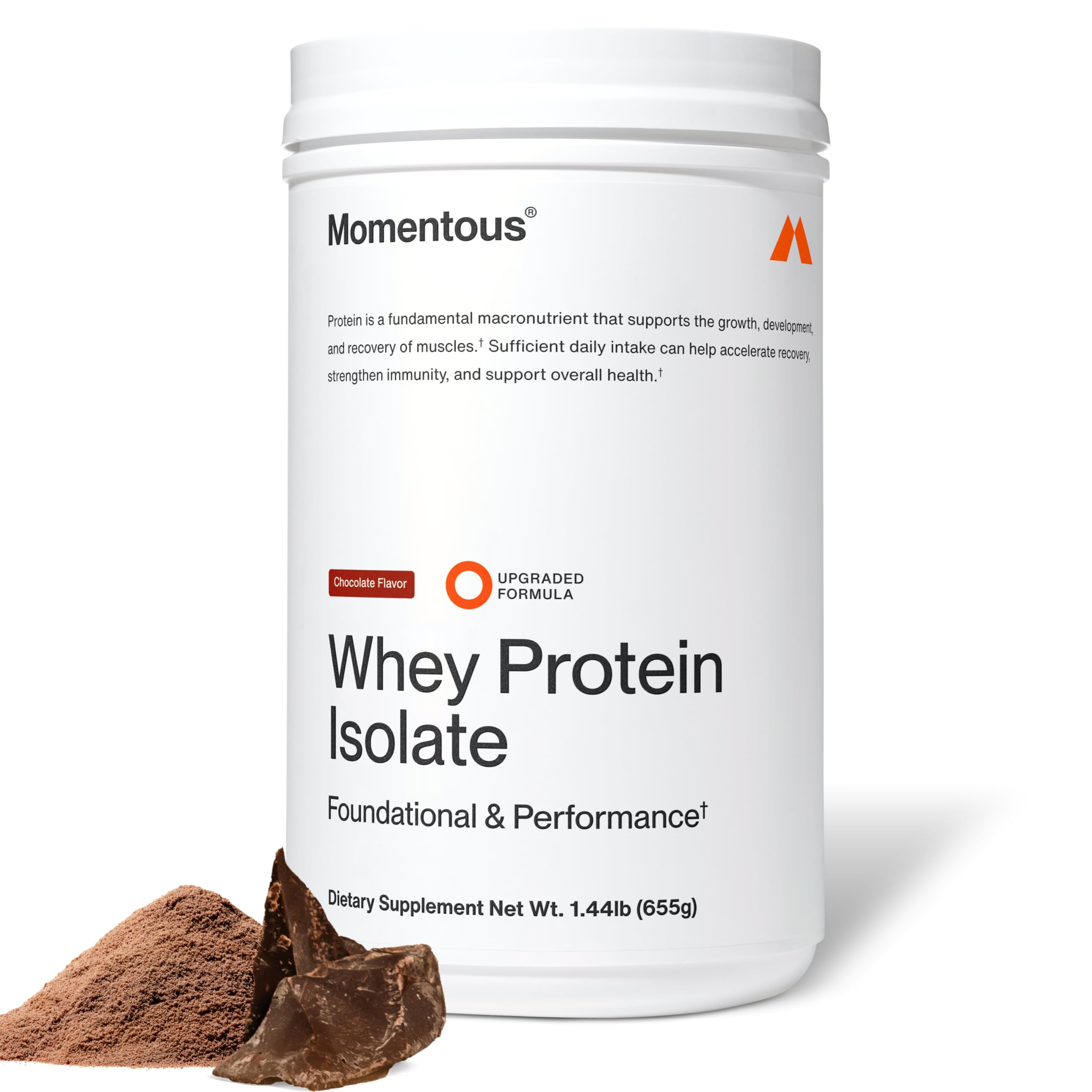 Momentous Essential Grass-Fed Whey Protein Powder – 20 g Whey Isolate Protein – NSF Certified for Sport – Gluten-Free – 25 Servings for Essential Everyday Use – Chocolate – Net WT 1.44 LB (655 g)