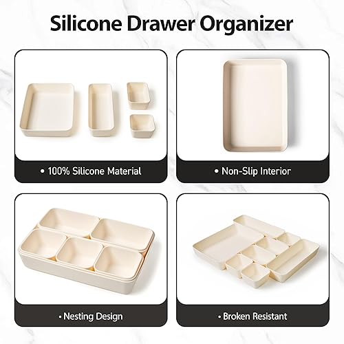 Miniatura 8 de ISSEVE 8 bandejas organizadoras de cajones de silicona anidables, 4 tamaños versátiles para tocador de baño y escritorio, juego de contenedores de