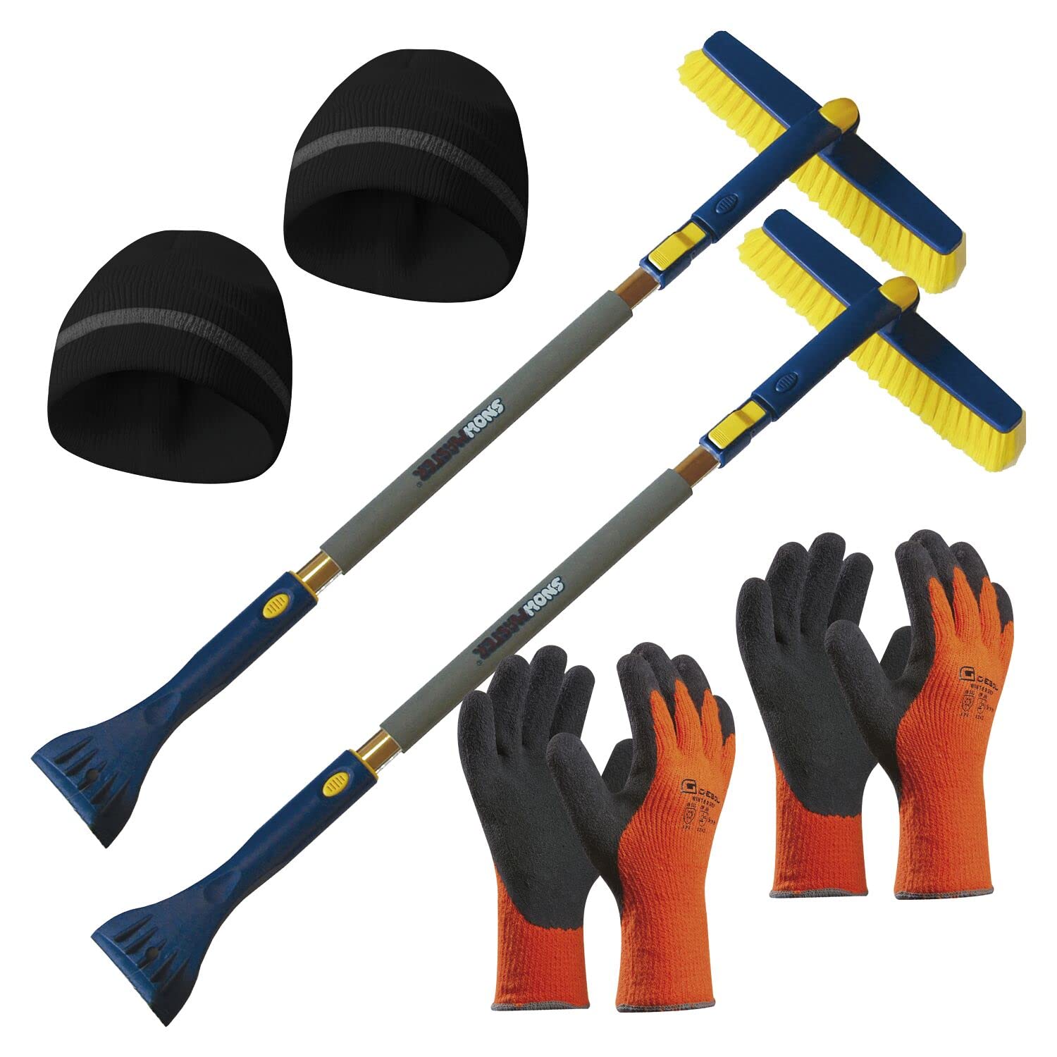 Sonneck Snowmaster Eiskratzer S1400-2in1 Schneebesen Auto - 2x Eiskratzer mit Besen 1000-1400mm ausziehbar + 2x Winterhaube + 2x Winter Arbeitshandschuhe Gr.8/10