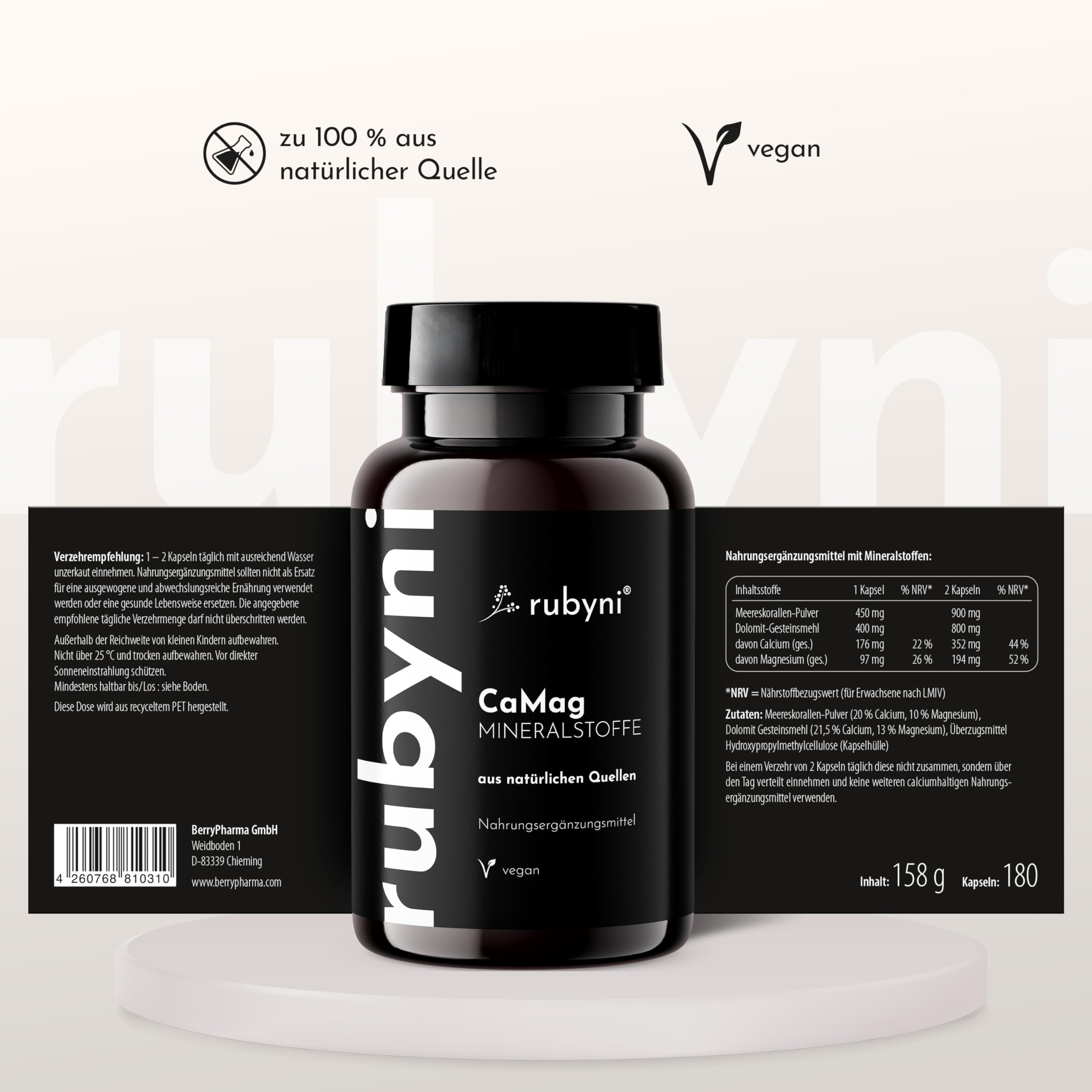 Calcium Magnesium Kapseln - Mineralstoff Komplex - 180 Stück | Für 3 Monate - 352mg Ca + 194mg Mag pro Tagesdosis - Natürliches Kalzium & Magnesium - Vegan, laborgeprüft & ohne Zusätze