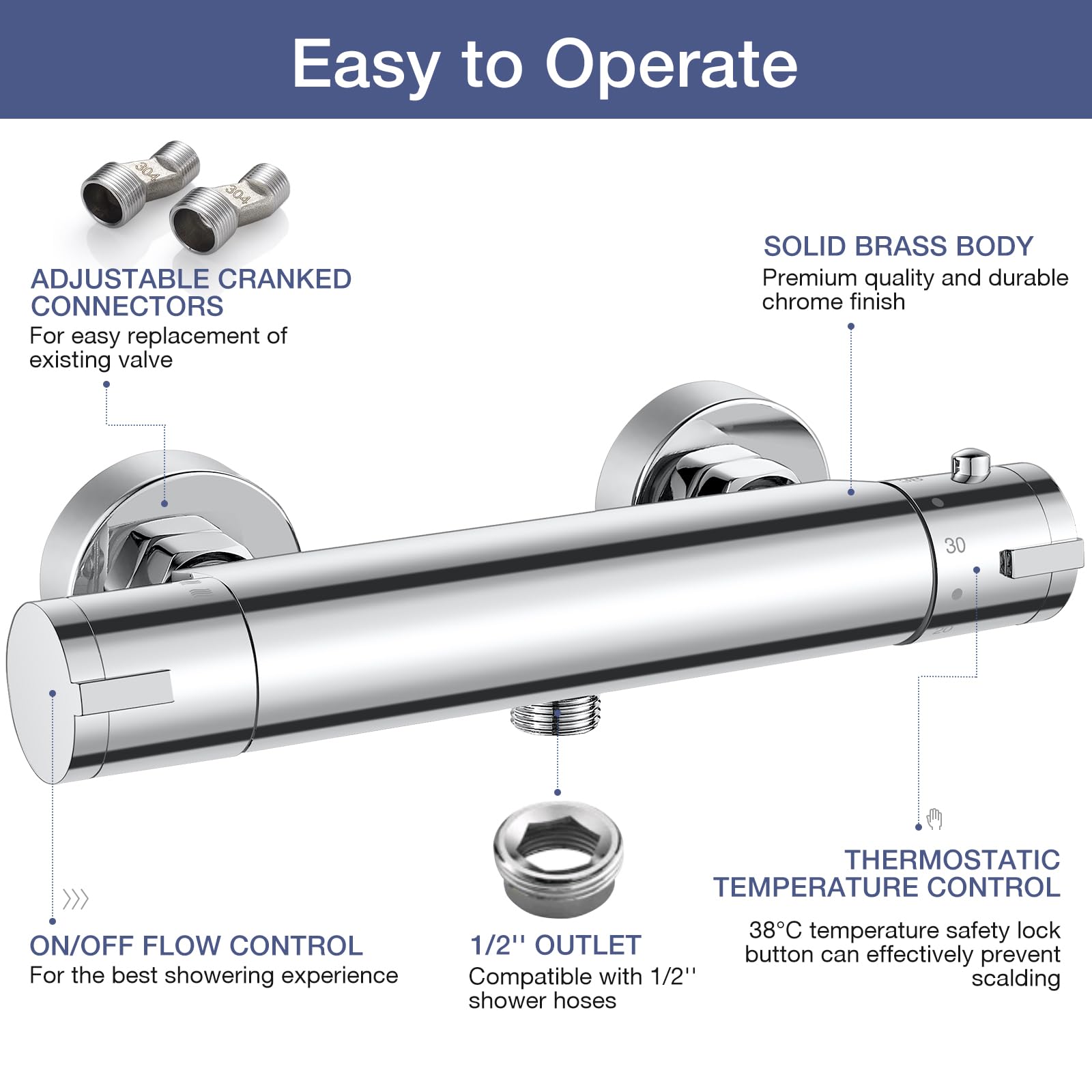 Thermostatic Shower Mixer, Bevankly Exposed Thermostatic Shower Mixer Taps Valve Anti Scald Tap - Image 2