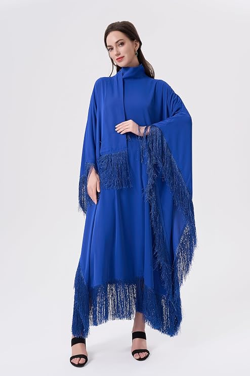zhxinashu Prayer Abaya for Women Tassels Muslim Dress Prayer Clothes Kaftan Arabic Robe(Blue)