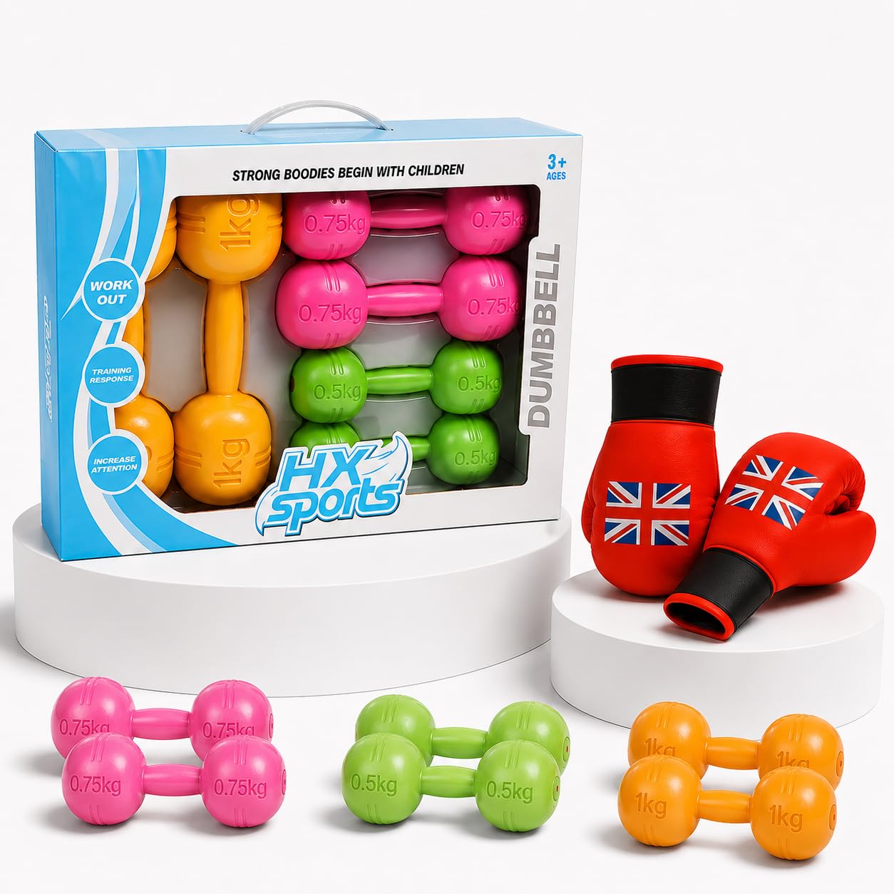 Toyana 9 Piece Kids Adjustable Weight Dumbbell & Boxing Gloves Set, 2 x 0.5kg, 2 x 0.75kg, 2 x 1kg Fillable Dumbbells with Boxing Gloves, Sports Fitness Role Play Set for Boys Girls Age 3+