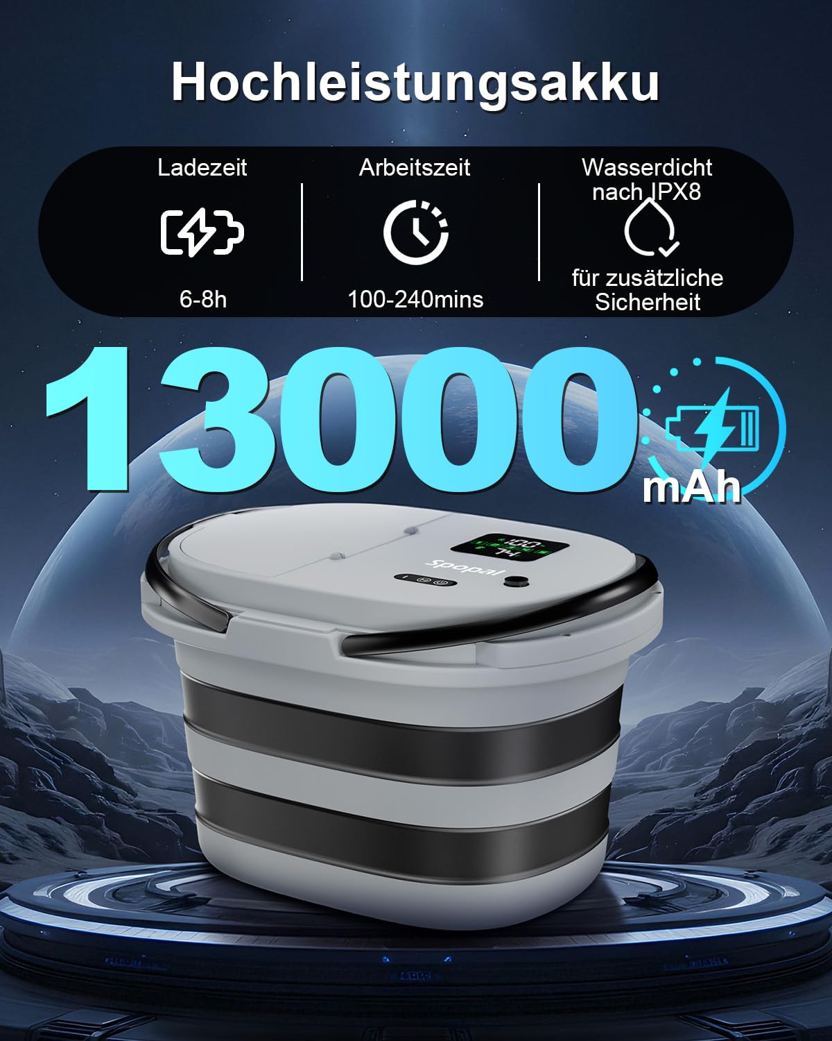 Spopal Campingdusche 20-Liter-Wassereimer 13000-mAh-Akku LED-Anzeige 5-stufige Wasserströmung Tragbarer Akku Dusche