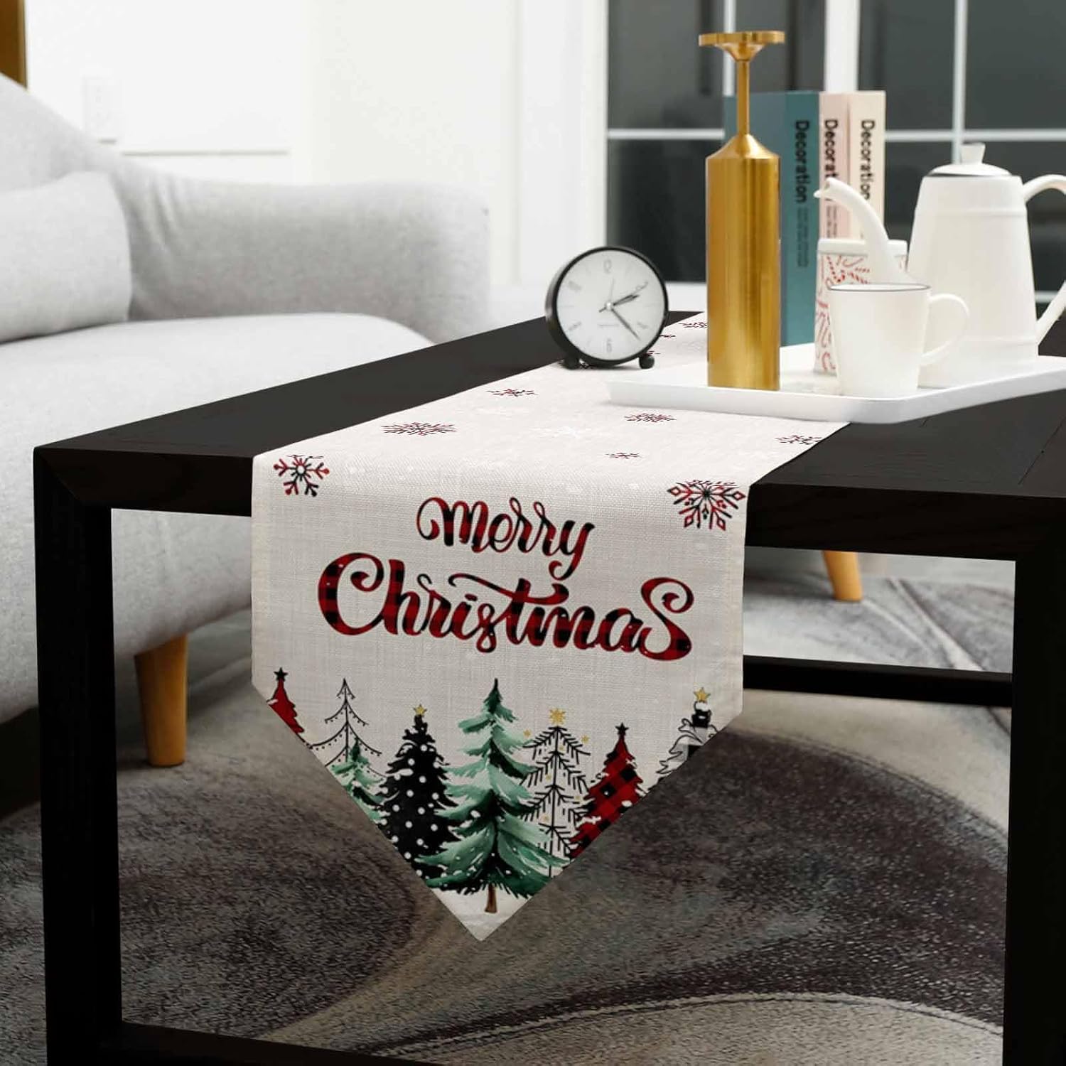 Christmas Table Runner 13x108 Inches Long Cotton Linen Tablerunner, Burlap Table Setting Decor Farmhouse Tabletop Dresser Scarves for Kitchen Dinner Party Rustic Pine Tree Red Green Plaid Dot