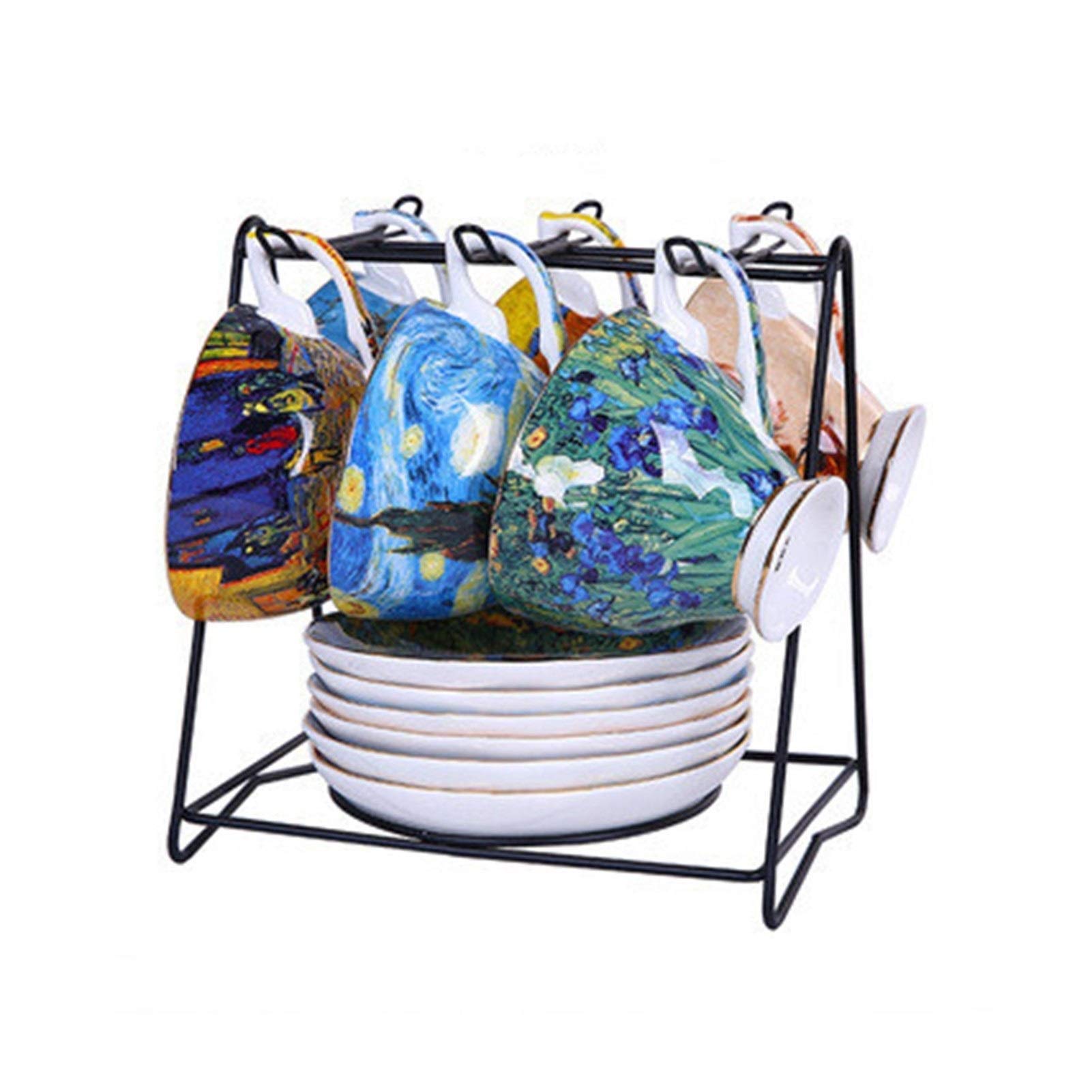 Juego de Tazas de Cafe,Taza de Té y Plato El Cielo Estrellado, café de la Noche, el sembrador, Girasoles, los Lirios, Tulipanes Que pintan Arte Albaricoque café Tazas de té(N 6 Set)