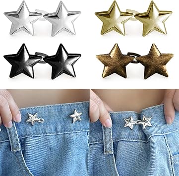 4 Sets Adjustable No Sewing Required Star Buttons,Metal Stars Jean Buttons for Loose Jeans Reusable Pentagram Pant Waist Tightener Button Pins for Pants Skirts Sleeves Sweaters Clothing Accessories