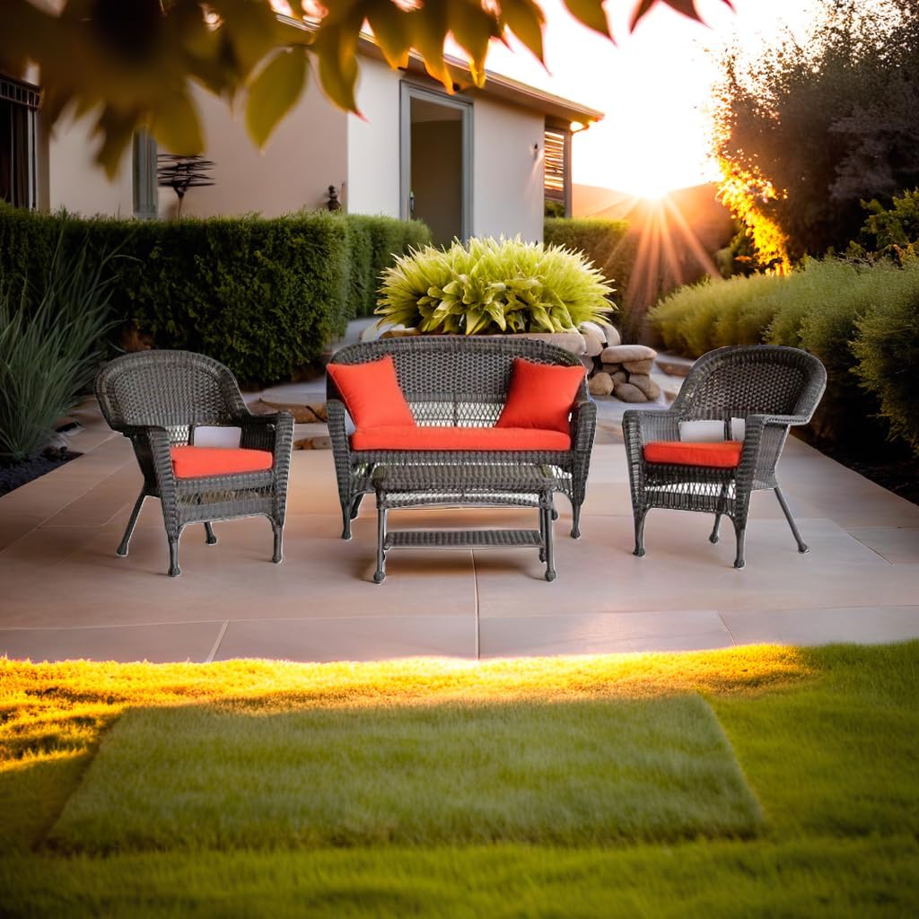 Pemberly Row 4-Piece Wicker Conversation Set, Espresso Finish, Red-Orange Cushions, Includes Loveseat, Armchairs, Coffee Table, Weather-Resistant Outdoor Furniture for Patio or Garden
