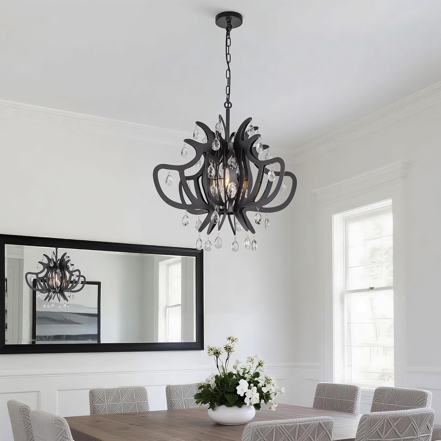 TOCHIC Vintage Black Chandelier, 24" Modern Farmhouse Gothic Style Crystal Chandelier for Living Room, Mid Century Ceiling Light Fixture for Bedroom, Entryway, Dining Room, Foyer