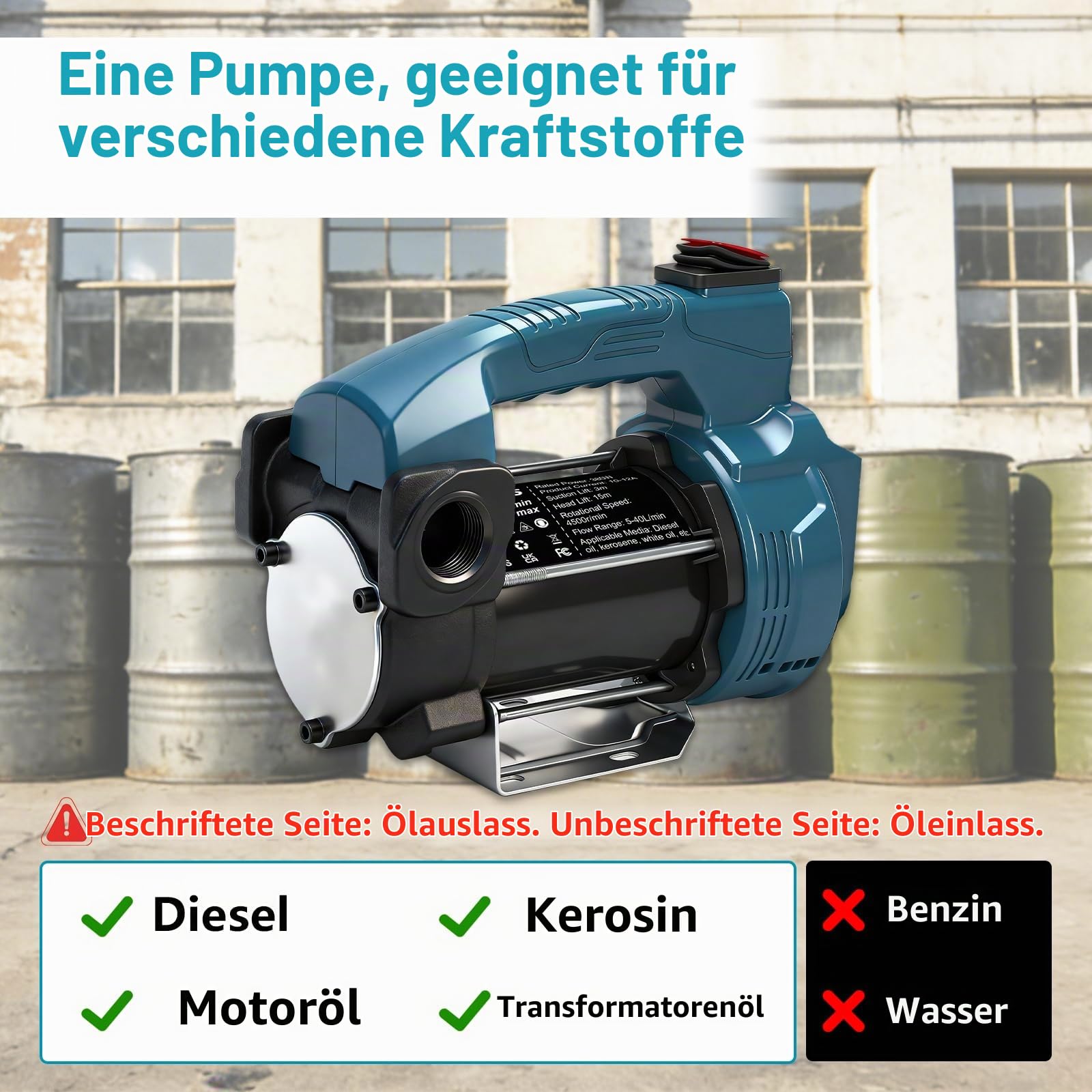Akku Dieselpumpe für Makita 18V,40L/min Tragbare Elektrische Selbstansaugende Ölpumpe, 3m Saugtiefe 15 m Kopf Förderpumpe für Diesel, Kerosin(Ohne Akku)