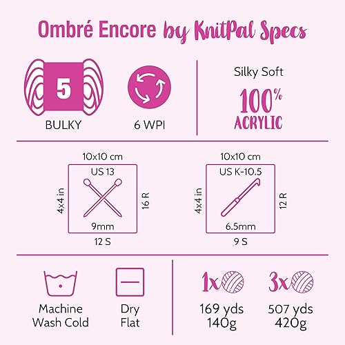 Miniatura 4 de Ombré-Encore - Ovillo de lana grueso para tejer, 3 bolas, 507 yardas14.82 oz, patrones gratis, hilo voluminoso multicolor de 5 pesos para tejer,