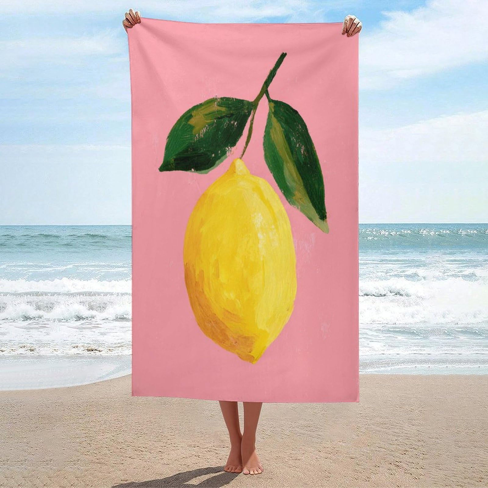 LSRCPD Bright Lemon with Two Simple Leaves Beach Towel Sand Free Microfiber Large Shower Towels Multipurpose Absorbent for Bathroom Pool 130x80 CM