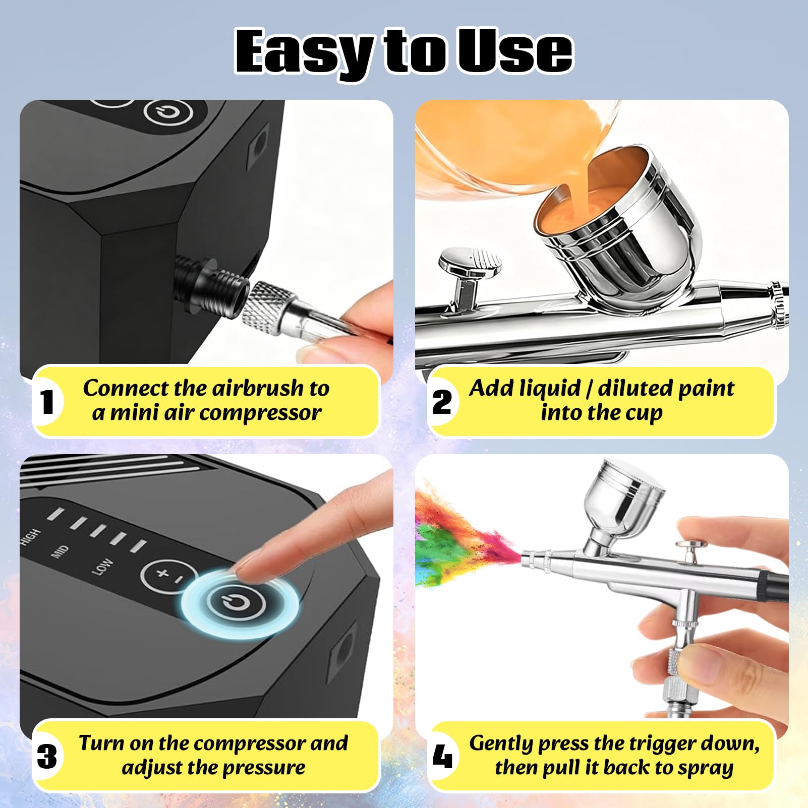 Kit Aerografo con Compressore Portatile, 3 Livelli di Pressione (28-48 PSI) & 3 Ugelli (0,2/0,3/0,5 mm) – Aerografo a Doppia Azione 12W per Modellismo, Trucco, Nail Art e Decorazione Torte