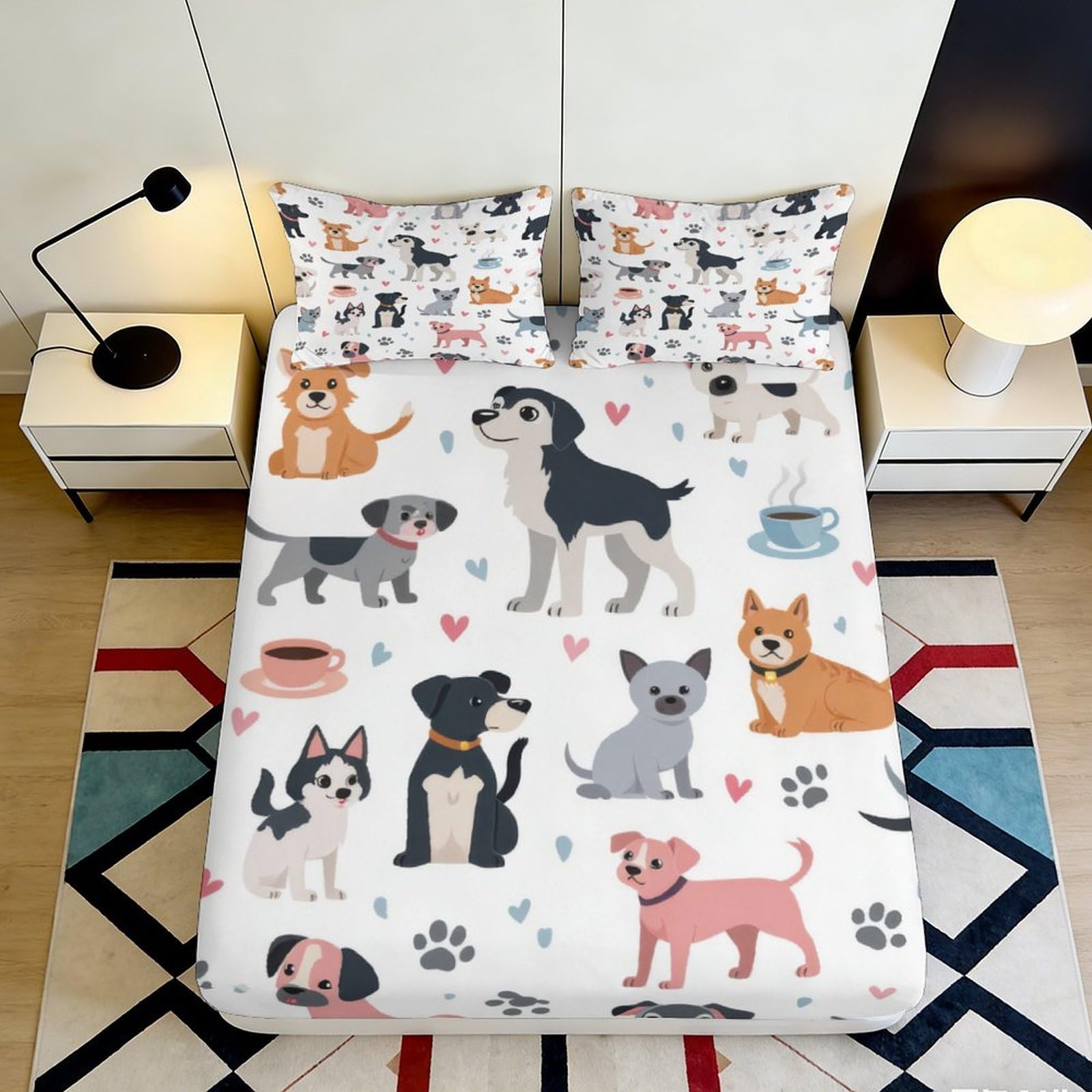 3D Printed Cartoon Dogs Fitted Sheet Microfiber Soft Anti-Slip Pet Paw Mattress Cover for Bedroom Guest Room Decor 200x200x25cm