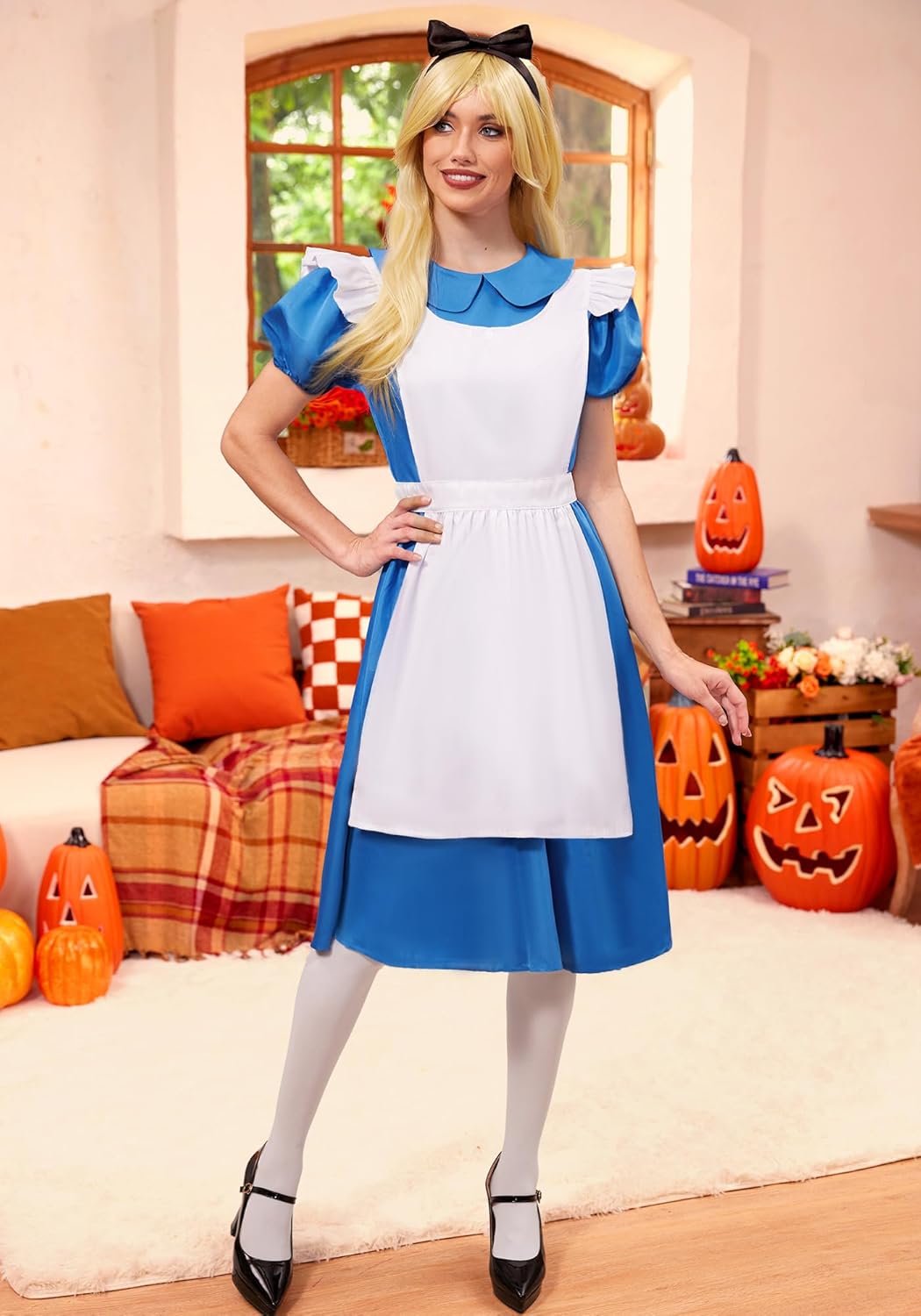 Womens 6Pcs Halloween Blue White Puff Sleeve Dress with Wig Apron Headband Socks XS-XXL - Image 5