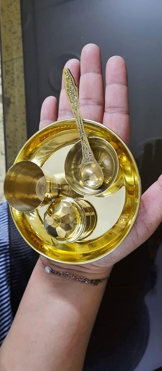 Pure Brass Pooja Thali Set | Brass Plate Size - 4 inches (Plate, Small Glass, Spoon, Bowl, vermilion box) (WITH GIFT BOX)