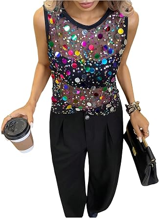 SHENHE Womens Sequin Sheer Mesh Sparkly Sleeveless Tank Top Shirt