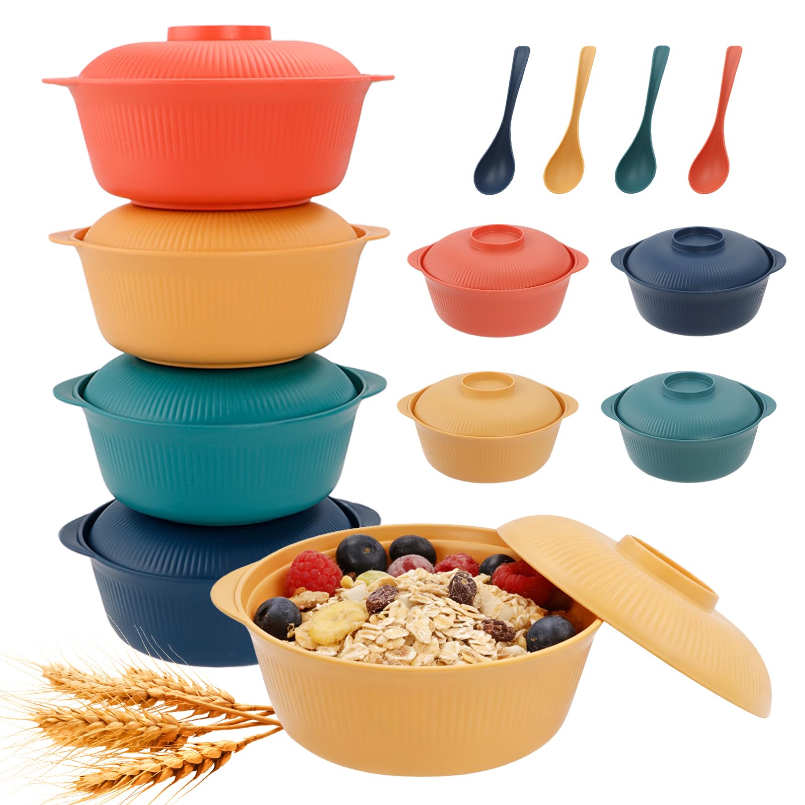 DIYJEP 4 Pcs Reusable Plastic Bowl with Plstic Spoons Set, 1000ML Unbreakable Cereal Bowls with Lid, Microwave and Dishwasher Safe Soup Bowl Tableware Sets, Lightweight Serving Bowls for Noodle Fruit