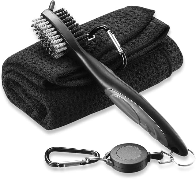 Golf Club Brush and Microfibe Towel Kit, with Carabiner Clip Waffle Pattern Golf Cleaning Tool, Golf Cleaniner Set Golf Gifts for Men