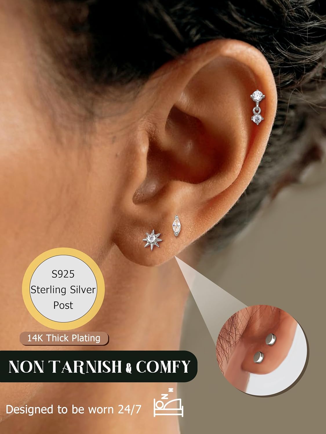 S925 Sterling Silver Flat Back Earrings for Women Hypoallergenic - 14K Gold Plated Flatback Stud Earrings Cartilage Helix Tragus Conch Piercing Jewelry 3 Pairs Dainty CZ Butterfly Studs - Image 3