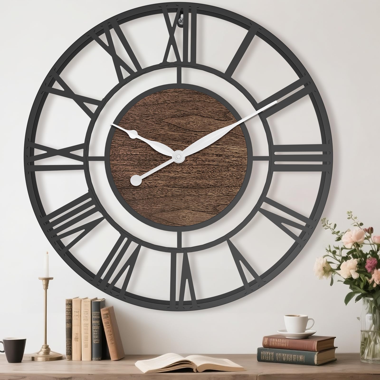Pytha Sight Large Wall Clock 60cm Black Metal Walnut Dial, Silent Design