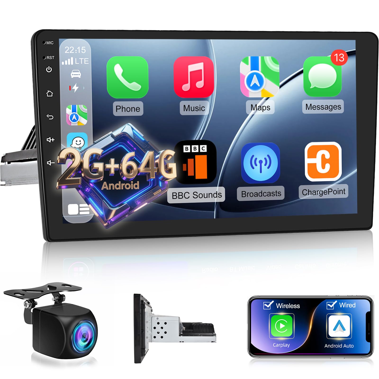 2+64G Android Single Din Car Stereo with Wireless Apple Carplay & Android Auto - 10 inch Touchscreen with WiFi/GPS Navigation/FM/Steering Wheel