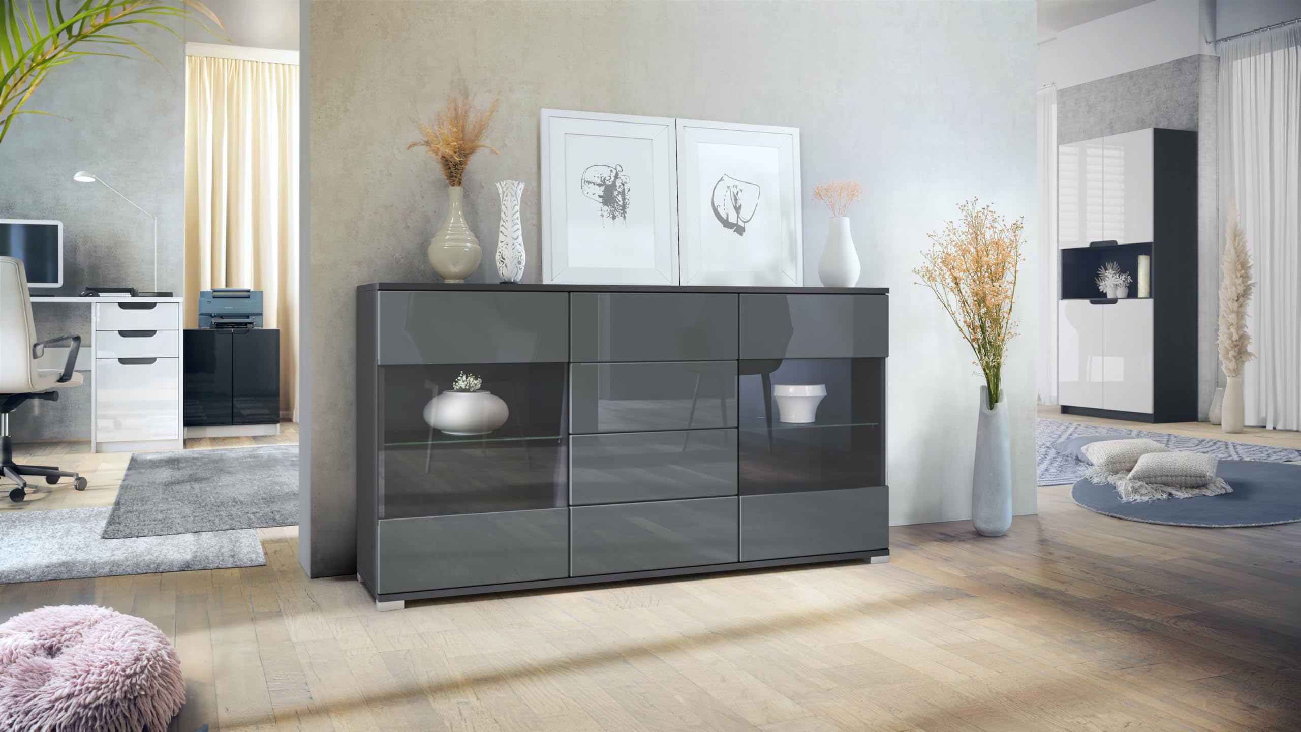 Vladon Sideboard Bari V1, Kommode mit 2 großen Türen und 4 Schubladen, Anthrazit matt/Grau Hochglanz (138,5 x 75,5 x 35)