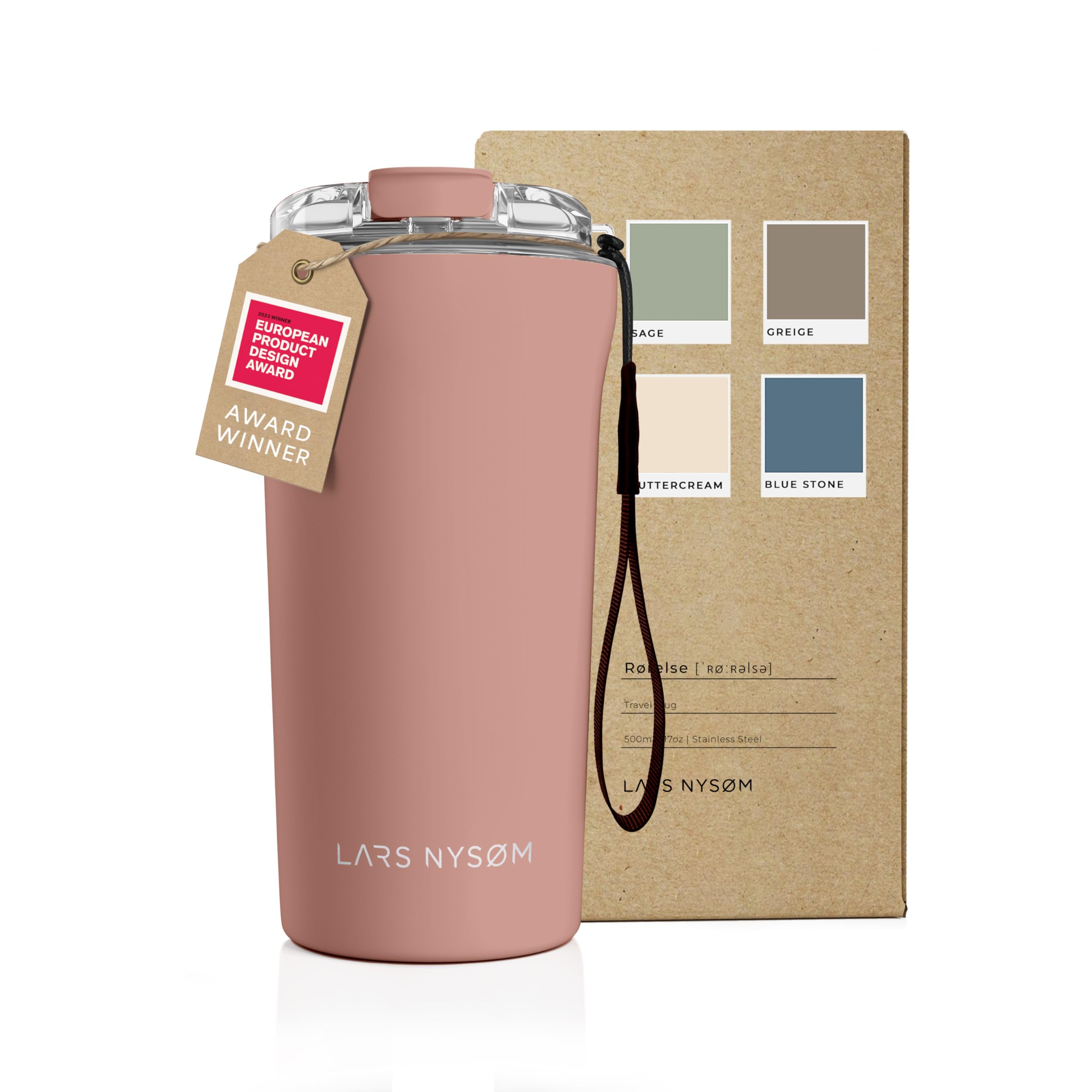 LARS NYSdiameter M Thermo Coffee Mug-to-go with Strap 17oz, Blush Rose, 500 ml