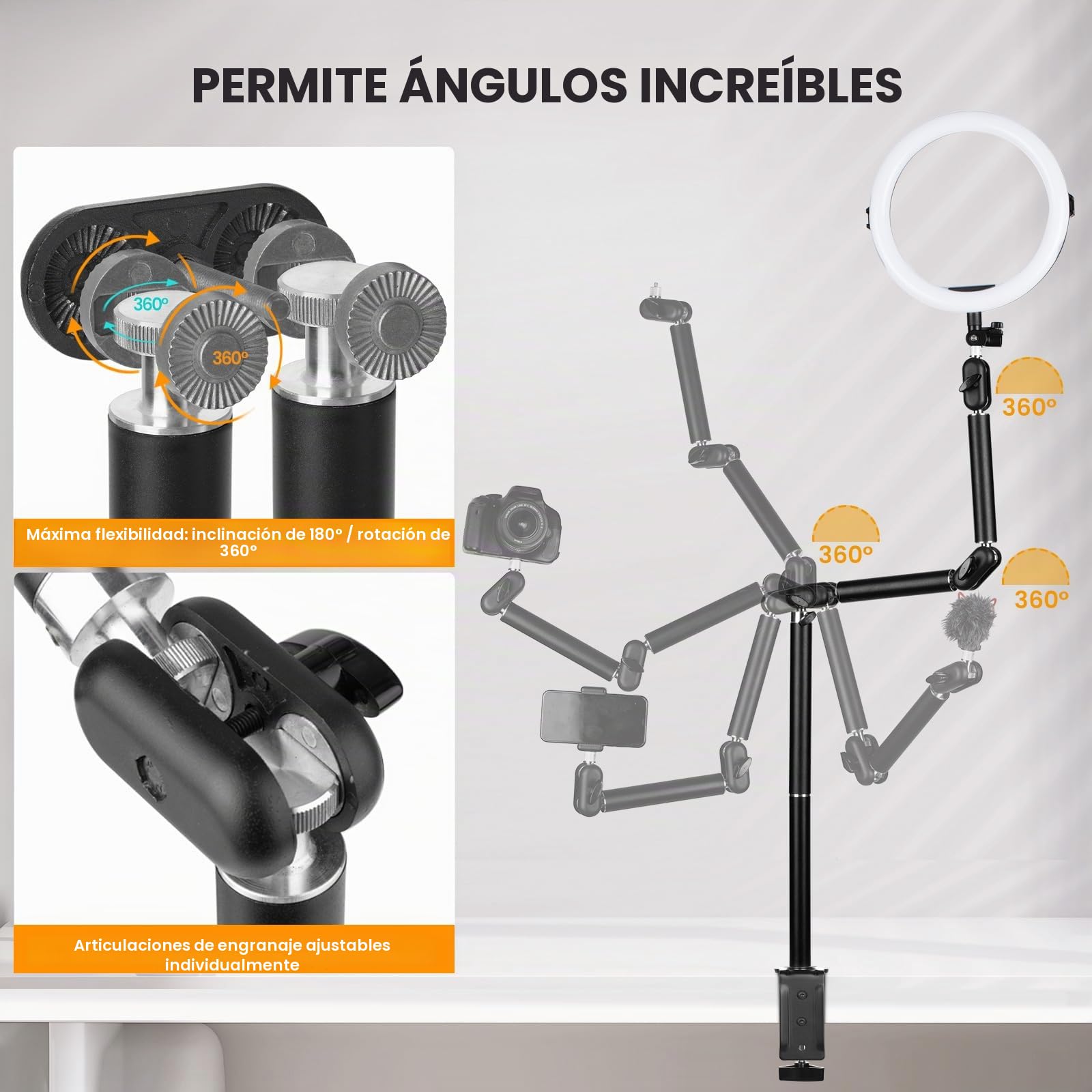 TARION Soporte Cámara Escritorio Articulado - Brazo Flexible 360° Estructura Acero - Carga 3kg Abrazadera en C - DSLR Proyector Luz Anular TKA01-L