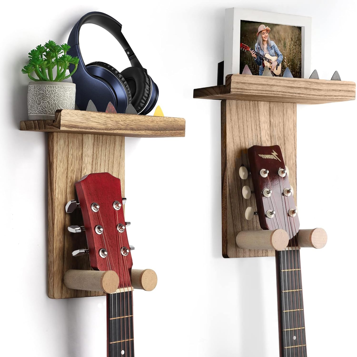 Angju Guitar Wall Mount, 2 Pack Wall Hangers With Pick Holder for Acoustic or Electric Guitars, Ukulele, Bass, Mandolin - Rustic Wood Brown