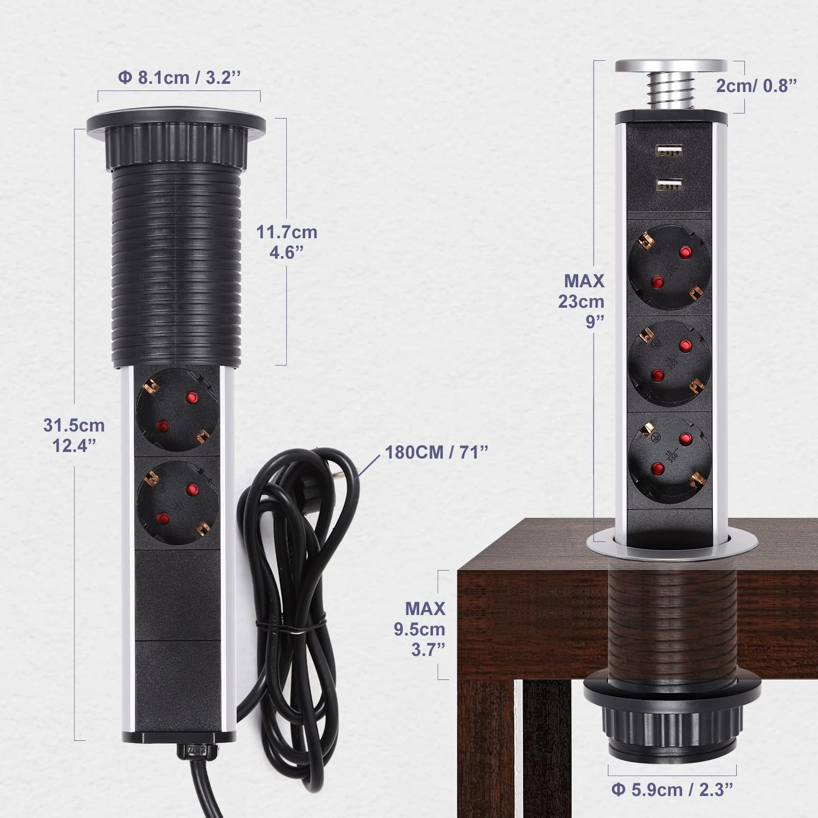2 ciabatte multipresa a scomparsa con USB, 3 prese da incasso | Con protezione da sovratensione, cavo da 1,8 m e design salvaspazio per cucina, scrivania e home office