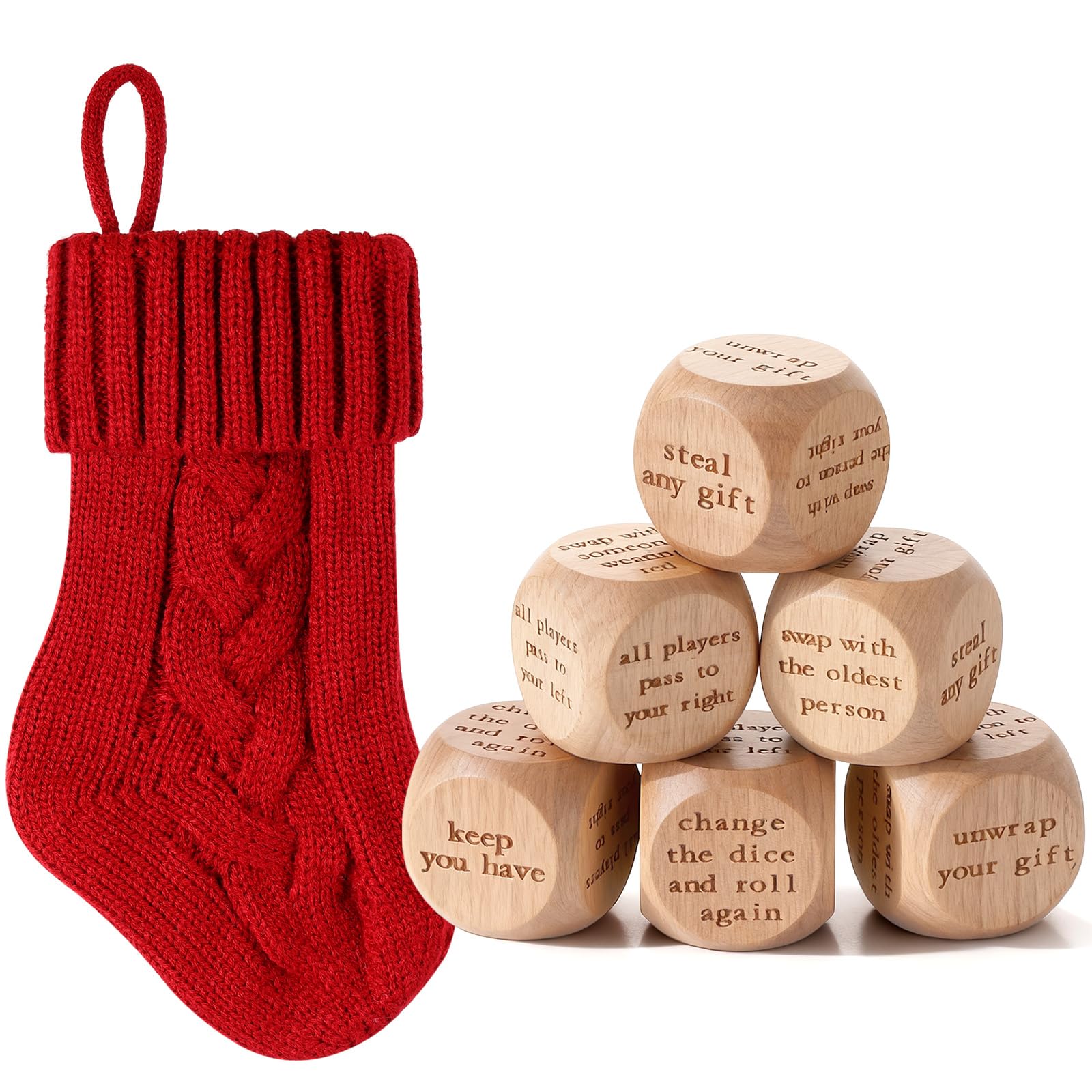 Hollowfly 6 Pcs Christmas Swap Gift Exchange Dice with Stocking, Christmas Game Dice Group Ice Breaking Party Games for Family Party Gifts for Xmas(Light Brown)