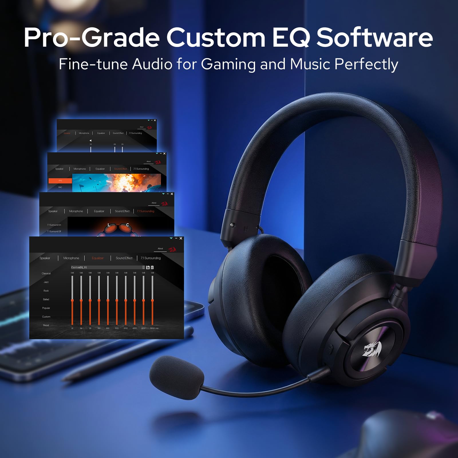 Redragon H889 Auriculares Gaming Inalámbricos 4 en 1 Audio 7.1 53mm | 2.4G BT USB 3.5mm Batería 51h Uso Mientras Carga Micrófono Desmontable PC PS5 NS Móvil