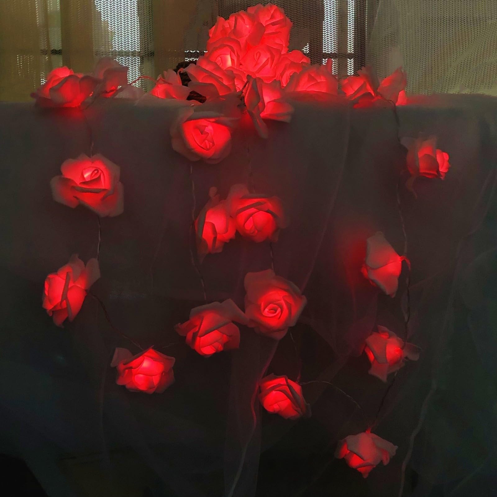9.8ft White Rose Decorative String Fairy Lights Clear Cable Battery Powered 20 Red LEDs Rose Flower Light for Valentine's Day Wedding Bedroom Girls Mother's Day Decoartion
