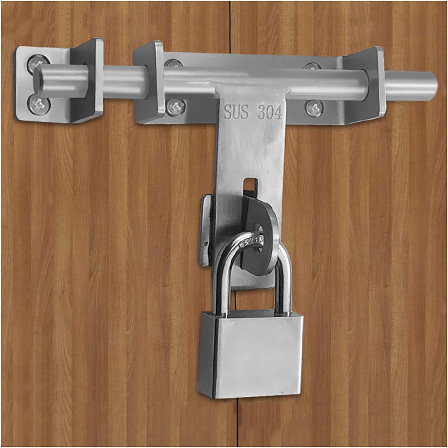 Door Lock,Gate Bolt Stainless,Slide Bolt,Slide Lock with Padlock Hole and Padlock, Thickened Stainless Slide Lock for Door, Brushed Surface Slide Latch