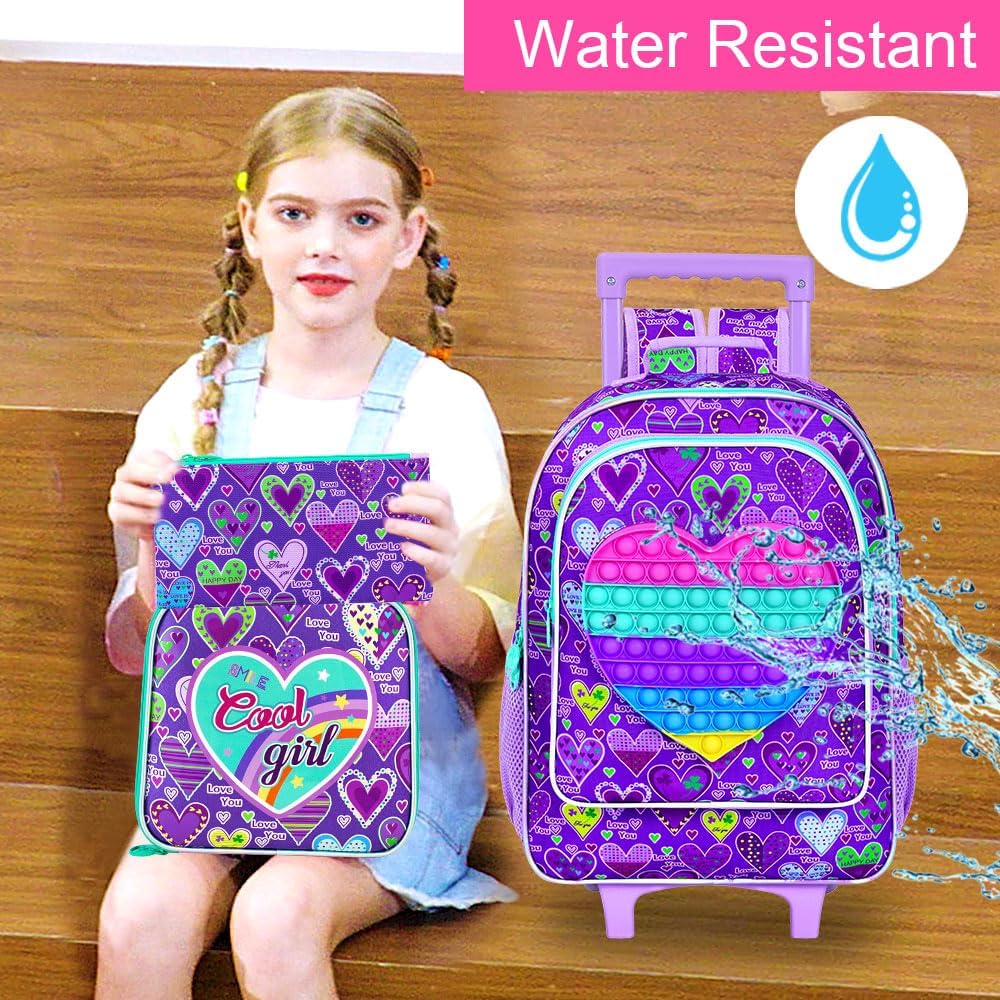 3PCS Rolling Backpack for Girls, Kids Roller Wheels Bookbag, Wheeled School Bag with Lunch Bag - Purple