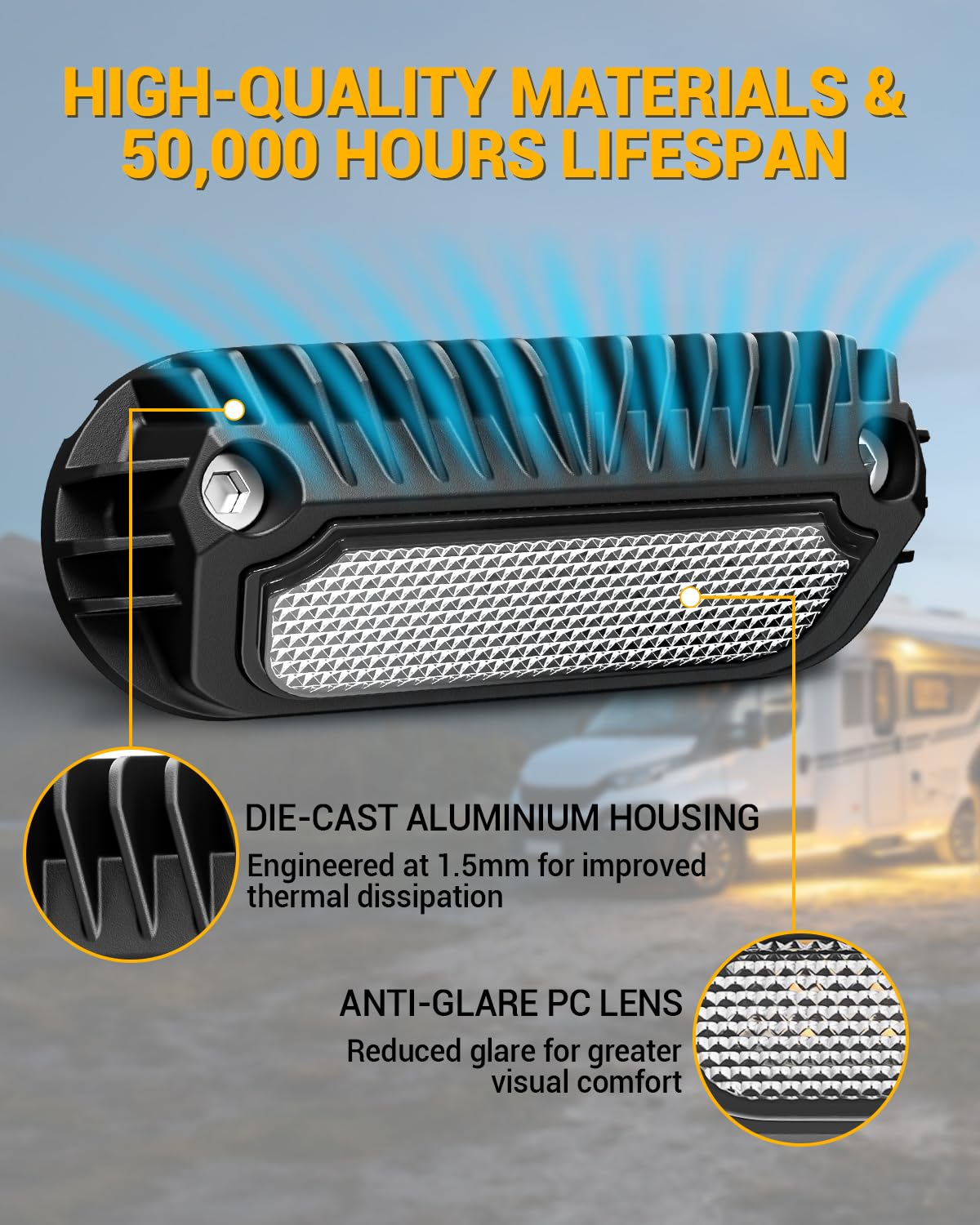 Eclairage Exterieur Camping Car Lampe LED Camping Car 12V Lampe pour Auvent Caravane Lumière 6500K Blanc et 3000K Jaune 800LM IP68 pour RV Van Bateau Camion 2 Pièces