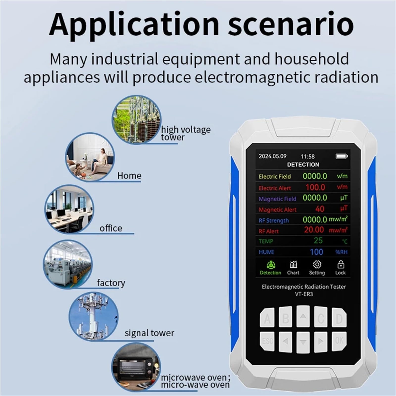Medidor de campos electromagnéticos Detector De Radiación Electromagnética 5 En 1, Campo Eléctrico, Intensidad Magnética, Temperatura, Humedad, Medidor Emf para construcciones(WHITE)