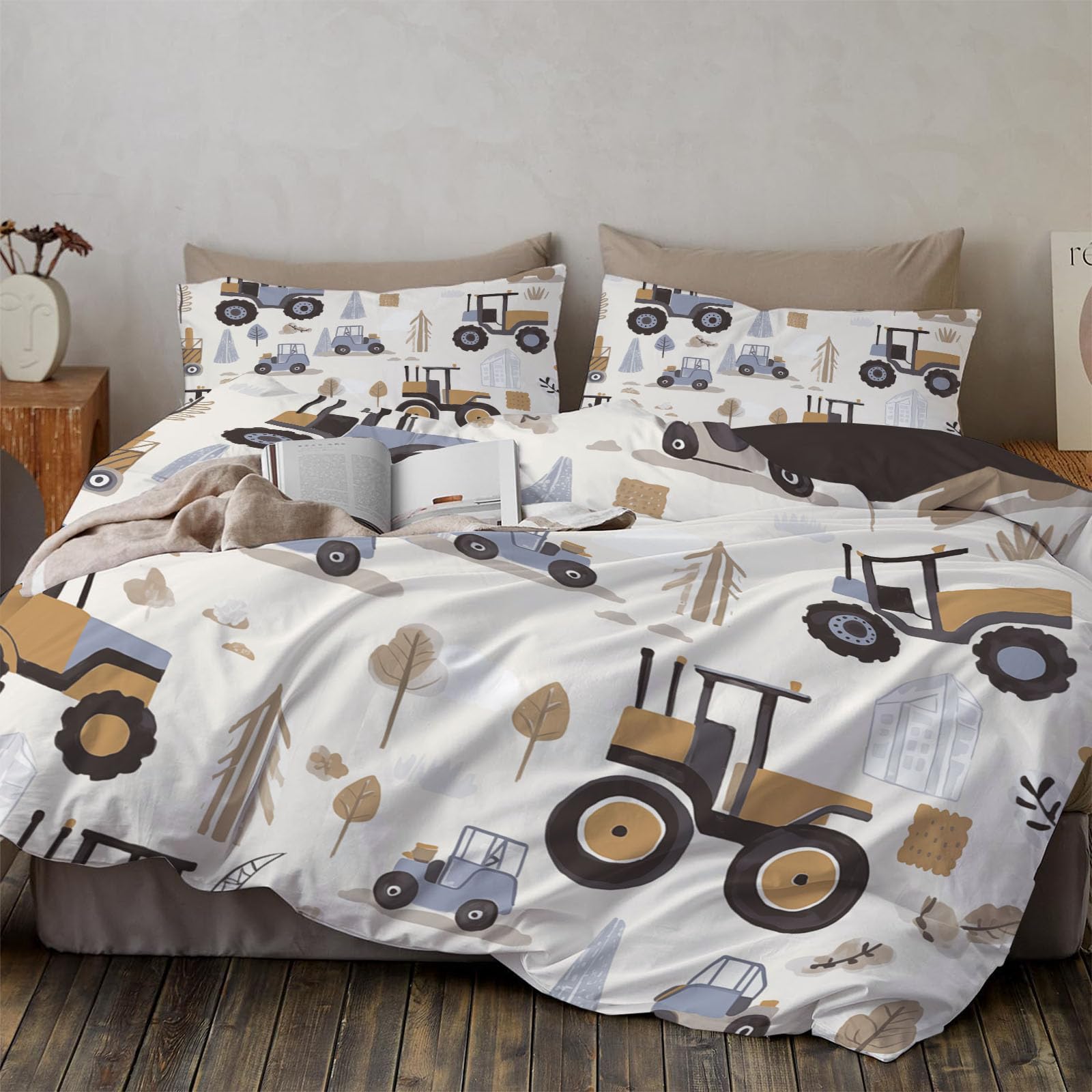 Housse de couette 140x200 lit enfant camion tracteur avec parure de lit microfbre 3D