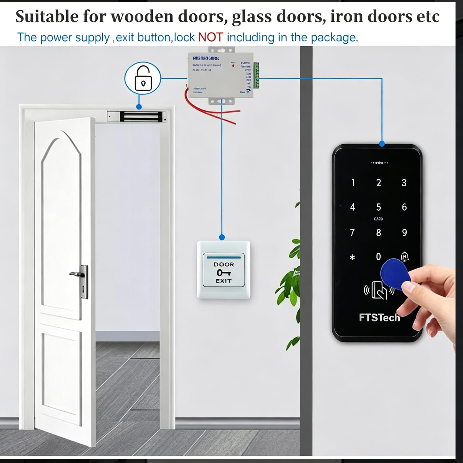 Wodoodporny system kontroli dostępu do drzwi DC12V IP68 RFID, 3000 użytkowników+10 Keyfo Niebieski (IC 13,56MHz)