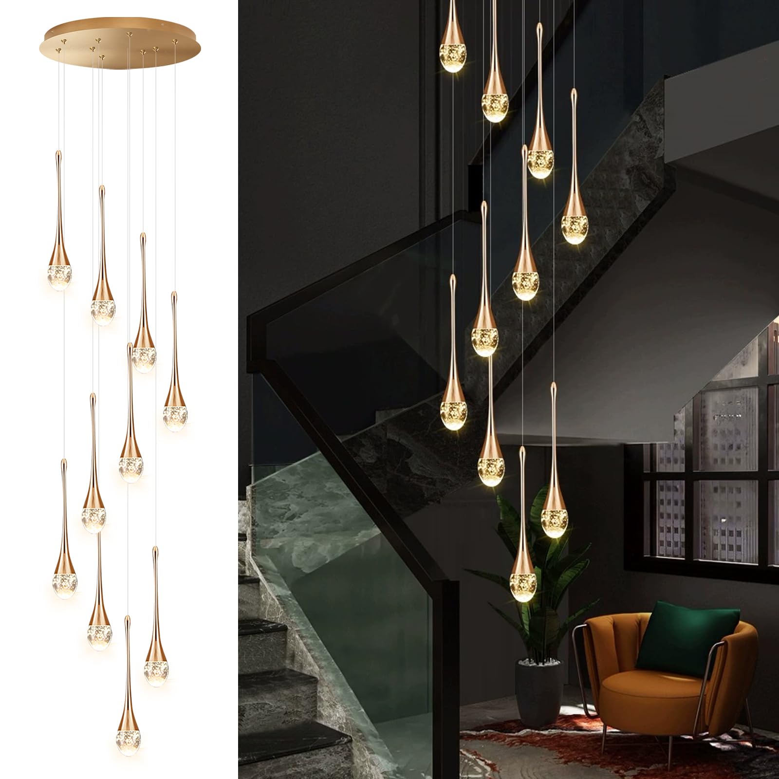 PCXEHUYP Modern Large Water Droplet Crystal Chandelier for Staircases Duplex Villas Adjustable Ceiling Lights (10 Lights)