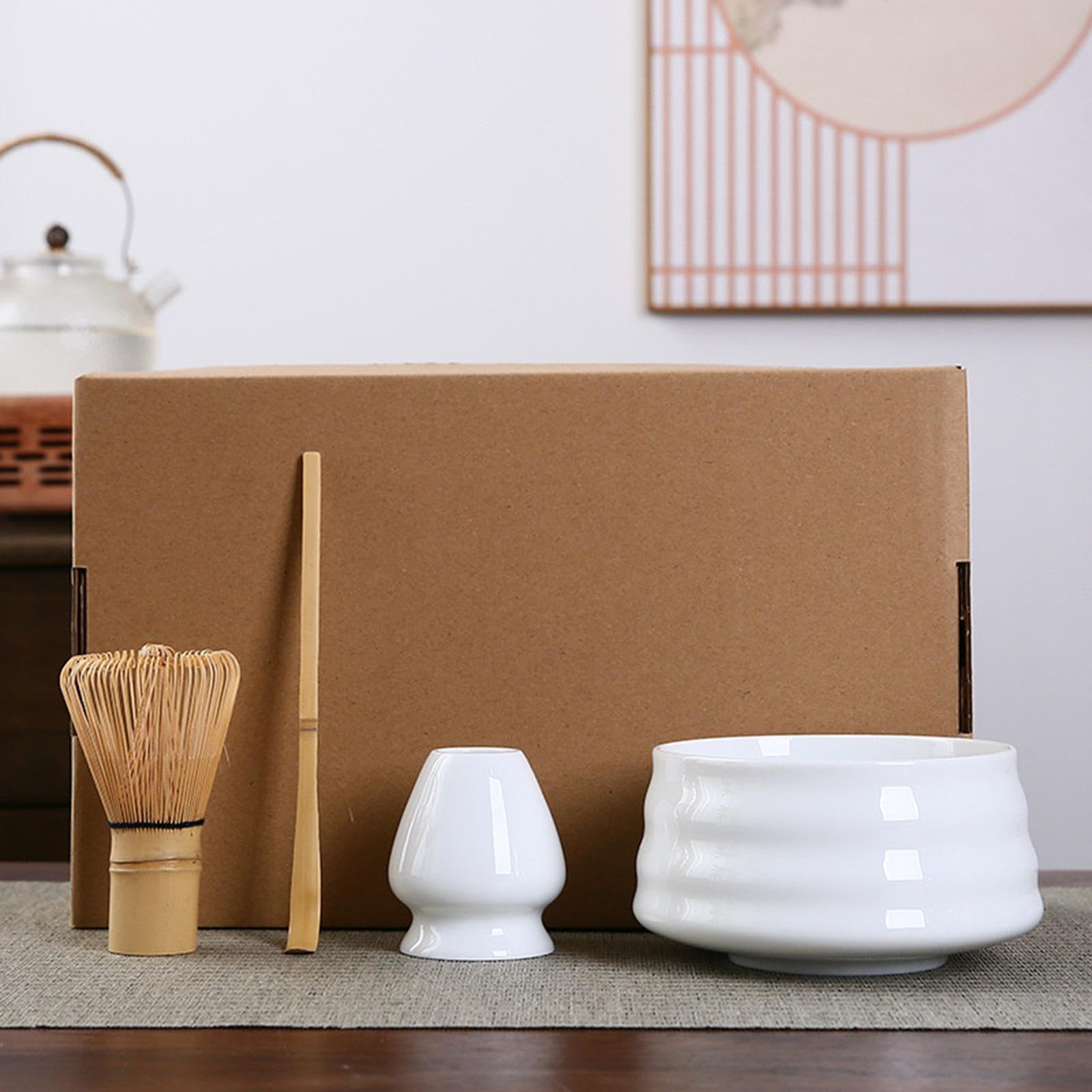 4 cucharas de bambú para batir matcha y soporte para el hogar, saludo o cocina, color blanco