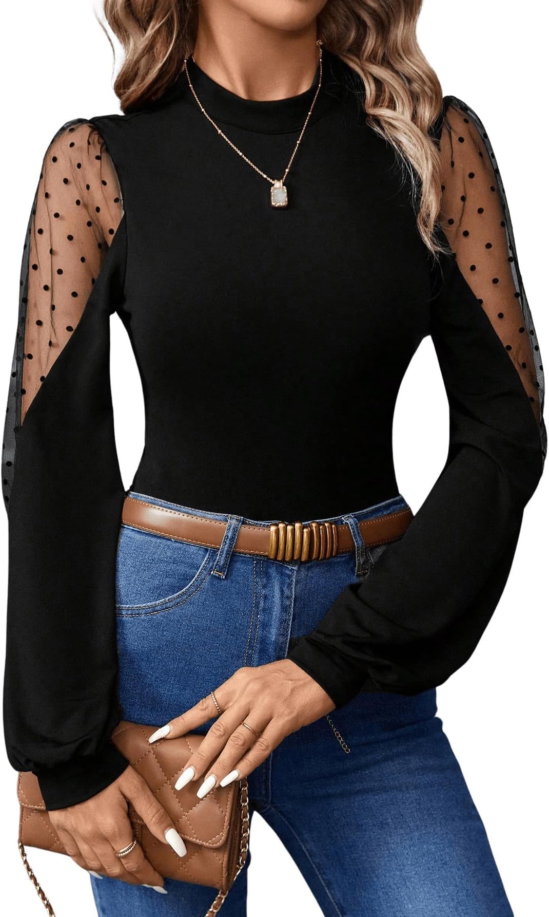 Women's Polka Dots Mesh Patchwork Bodysuit Long Sleeve Mock Neck Sexy Party Club Tee Tops