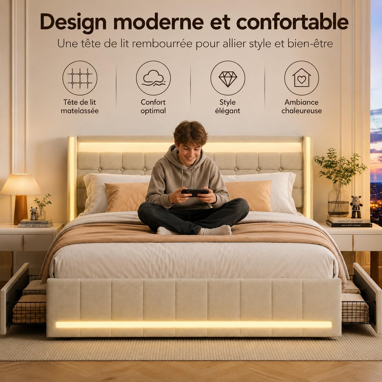 Łóżko tapicerowane 180 x 200 cm z miejscem do przechowywania, podwójne łóżko z przyłączem USB i oświetleniem LED, łóżko młodzieżowe z 4 szufladami, rama łóżka z zagłówkiem i stelażem, materiał lniany